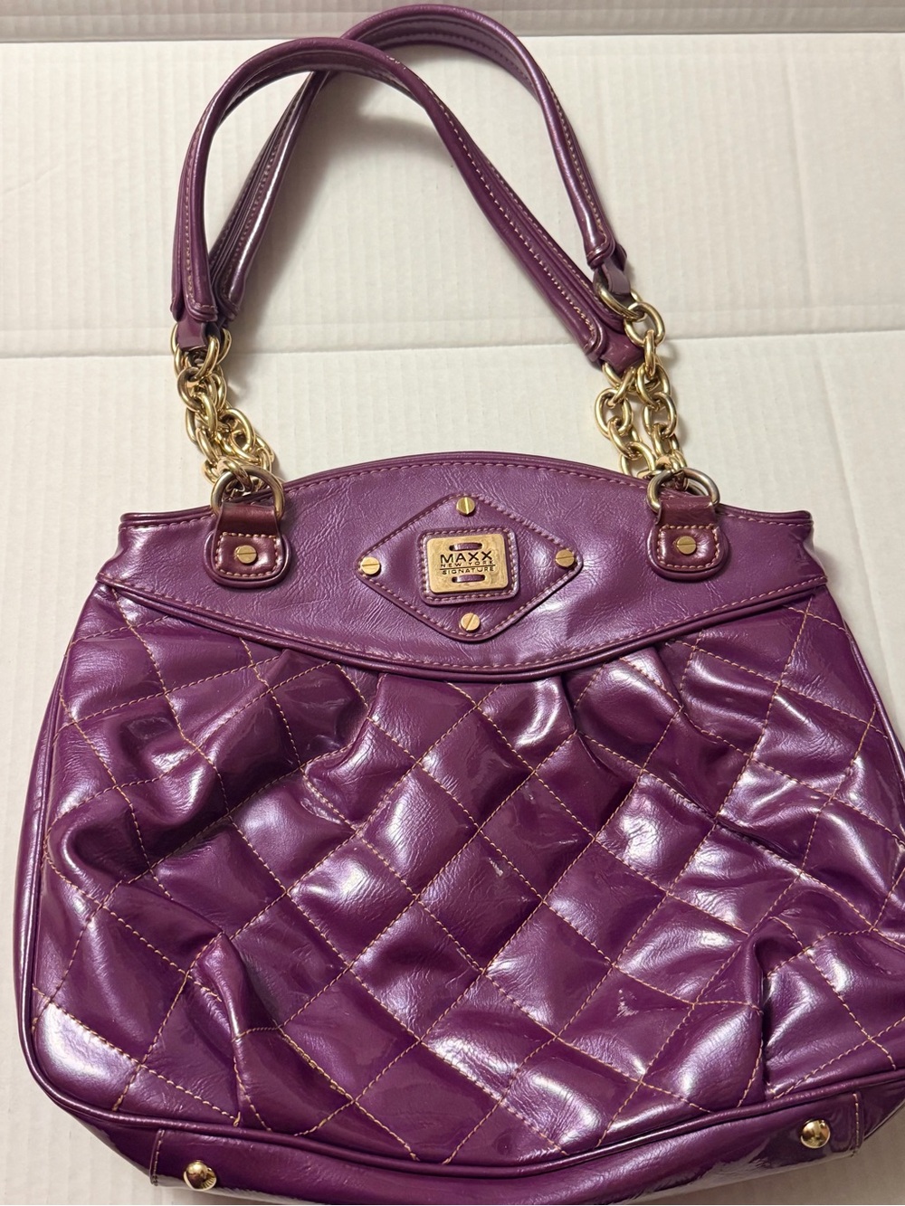 MAXX New York Plum Quilted Shoulder Bag with Gold Chain Accents